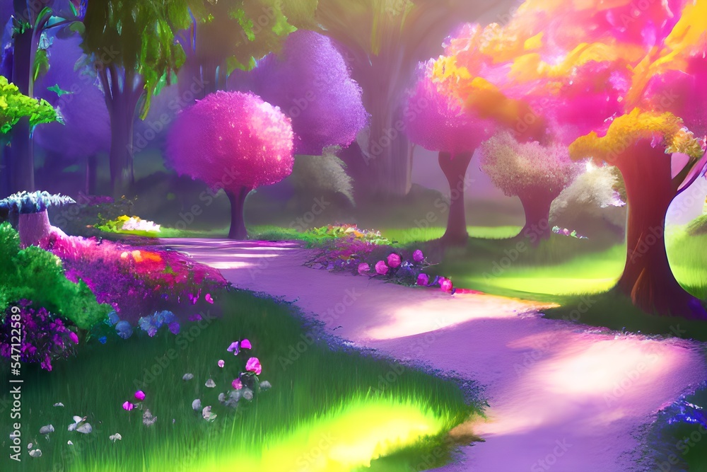 Enchanted garden. A magical garden with a path, flowers, trees , Fantasy world. Idyllic tranquil morning