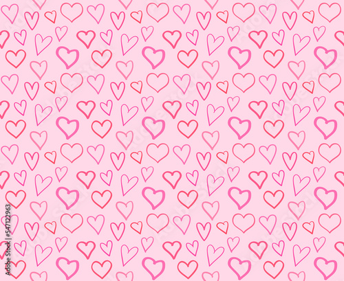 Hand drawn colored background with hearts. Seamless trendy wallpaper on surface. Abstract grungy texture with love signs. Lovely pattern. Print for banner, flyer or poster. Colorful illustration