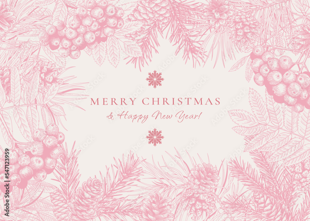 Christmas abstract botanical card with rowan.Botanical vector illustration with fir and pine branches and cones. White background and pink greeting. Sketch. Christmas abstract botanical card with rowan.Botanical vector illustration with fir and pine branches and cones. White background and pink greeting. Sketch.