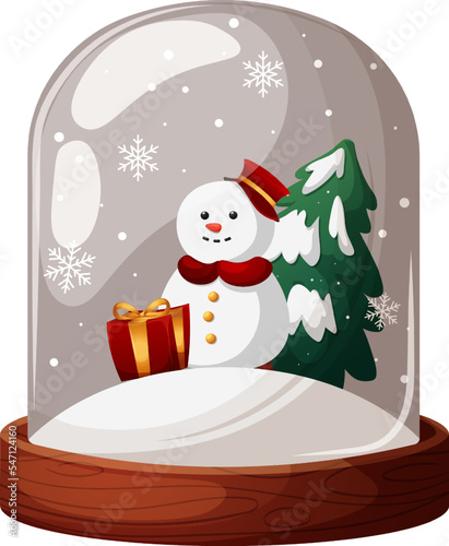 Snow globe, glass flask with cartoon snowman and Christmas tree on transparent background