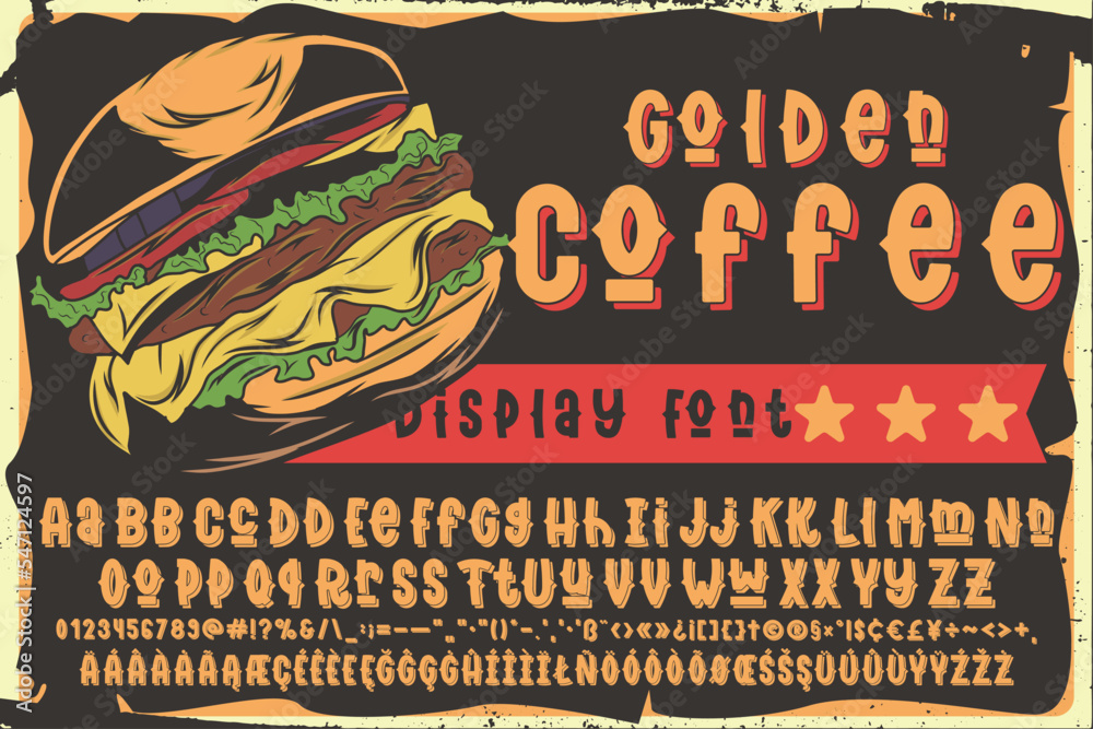 Fototapeta premium Golden coffee font with illustrations on the background.