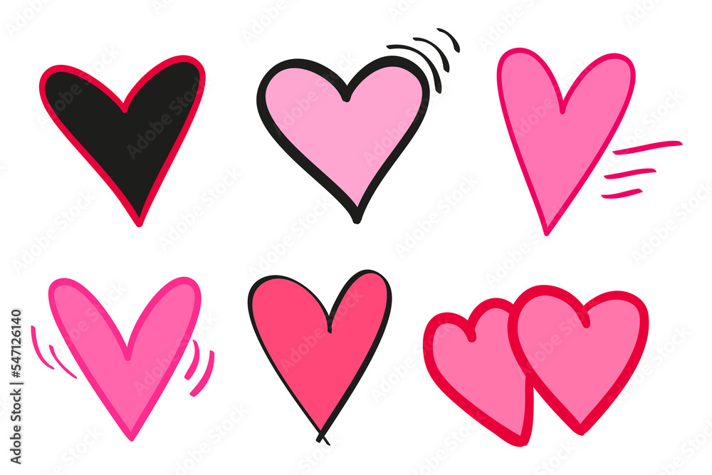 Colorful hearts on isolated white background. Hand drawn set of love signs. Unique abstract image for design. Line art creation. Colored illustration. Elements for poster or flyer