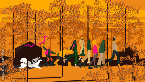 family walking in the forest, children playing, adults talking