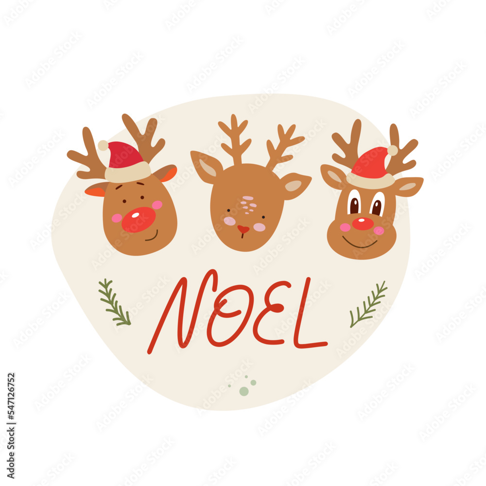Reindeers with NOEL word, Merry Christmas card design.
