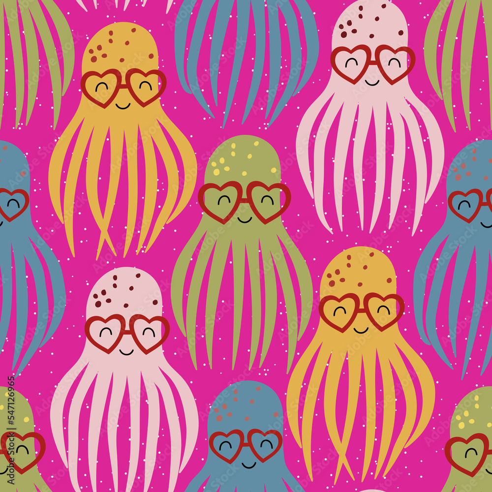 Sea life seamless pattern, Cartoon flat romantic print, Octopus in love background, Modern repeat design, Valentine's Day wrapping paper poattern, Cute seamless octopus ornament.. Sea life seamless pattern, Cartoon flat romantic print, Octopus in love background, Modern repeat design, Valentine's Day wrapping paper poattern, Cute seamless octopus ornament..