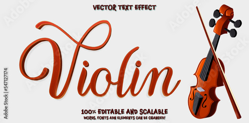 3d red Violin editable text effect. Poster for a concert of classical music in vintage style. Vector banner, flyer, invitation or ticket with the violin and editable text on the bright background