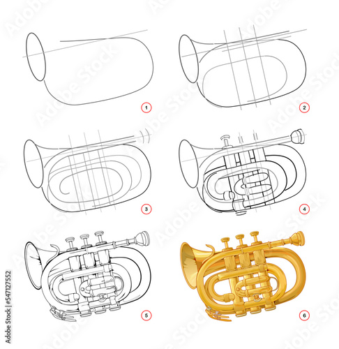 Page shows how to learn to draw step by step metal wind musical instrument pocket trumpet. Developing children skills for drawing and coloring. Printable worksheet for kids school exercise book.