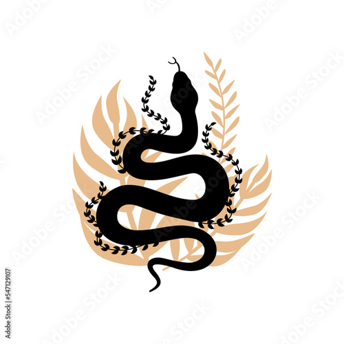 Floral boho snake isolated on white background. Silhouette snake with leaves, wild nature. Exotic. Symbol of magic and esotericism. Minimalist drawing, tattoo sketch