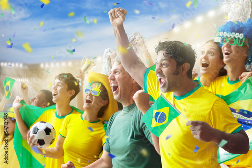 Leinwand Poster Brazil football team supporter on stadium.