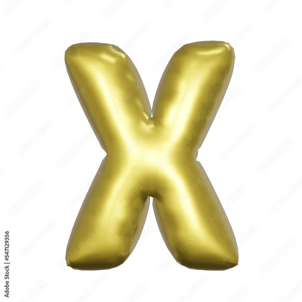 X Alphabet metallic gold foil balloons. 3D render Golden Helium balloons. X Alphabet metallic gold foil balloons. 3D render Golden Helium balloons.