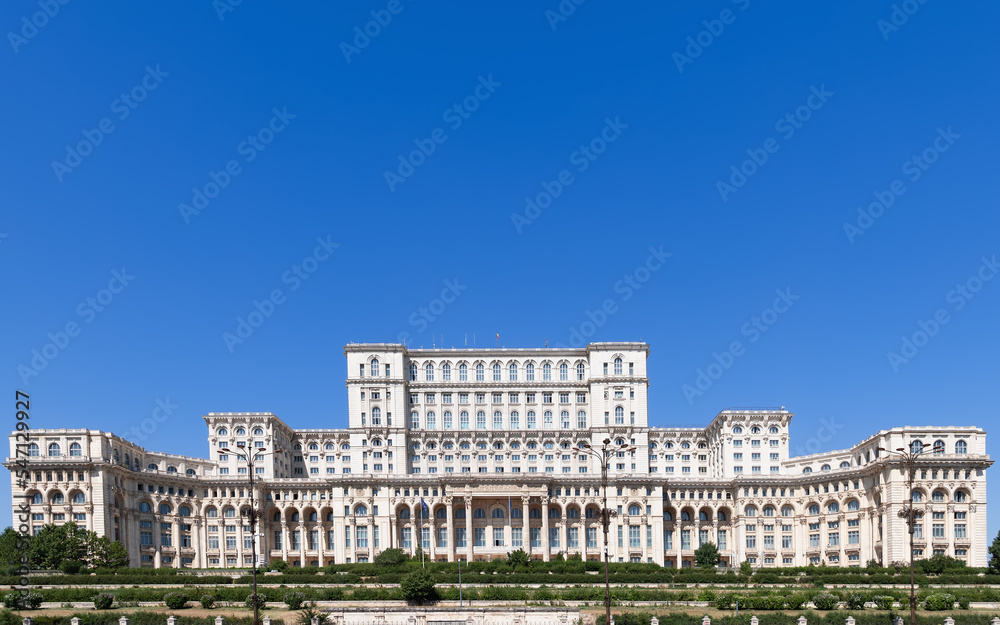 Widescreen view of the Palace of the Parliament (Romanian: Palatul Parlamentului) is the seat of the Parliament of Romania in Bucharest