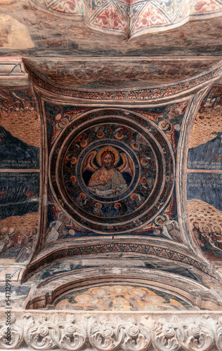 Religious frescoes painted on the ceiling of Stavropoleos Monastery Church (Manastirea Stavropoleos) dedicated to St. Archangels Michael and Gabriel photo