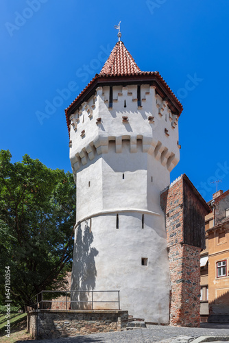 The Carpenters Tower (Turnul Dulgherilor) is built in 14th century by Saxon guild of carpenters in city of Sibiu and formed part of the third ring of fortifications of the city Sibiu, Romania © Artem