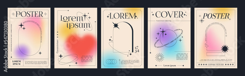 Modern fluid gradient posters with linear forms and sparkles. Trendy minimalist aesthetic print with line arch frames, stars and blurred pastel gradient background vector poster template set photo