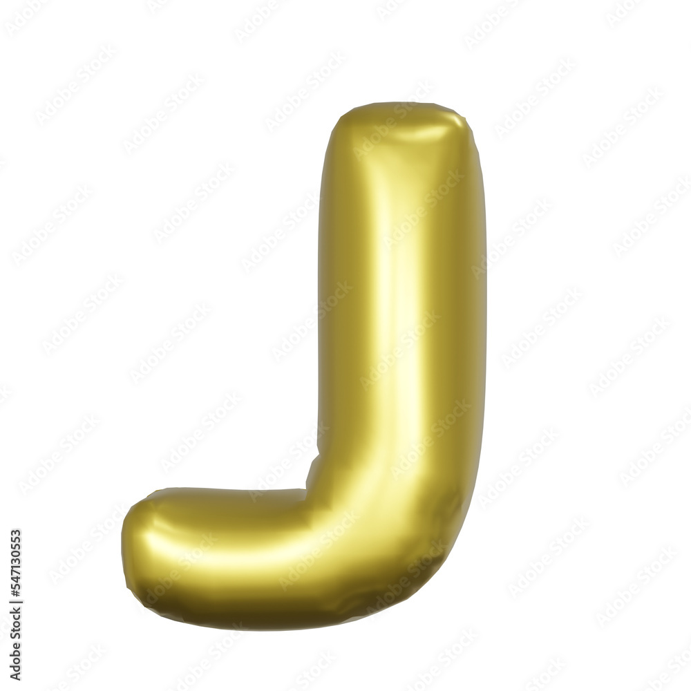 J Alphabet metallic gold foil balloons. 3D render Golden Helium balloons. J Alphabet metallic gold foil balloons. 3D render Golden Helium balloons.