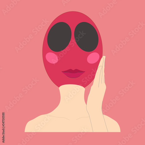 Character with human shoulders and hand in beige color with lines to emphasize the shapes, crimson ball head with big blank eyes confused, vector isolated on pink background.