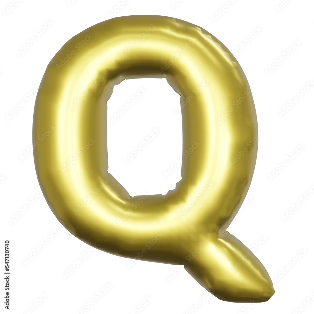 Q Alphabet metallic gold foil balloons. 3D render Golden Helium balloons. Q Alphabet metallic gold foil balloons. 3D render Golden Helium balloons.