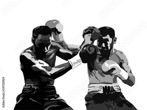 Boxer boxing fight black and white graphics drawn silhouette. Vector illustration clipart.