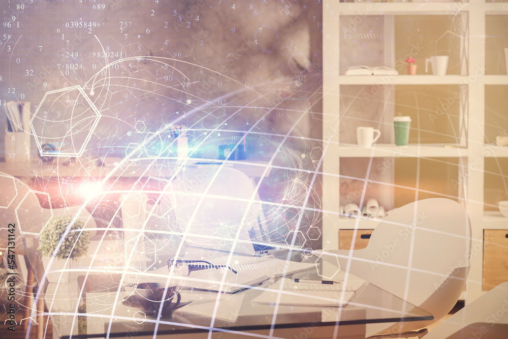 Fototapeta premium Multi exposure of world map drawing and office interior background. Concept of international network.
