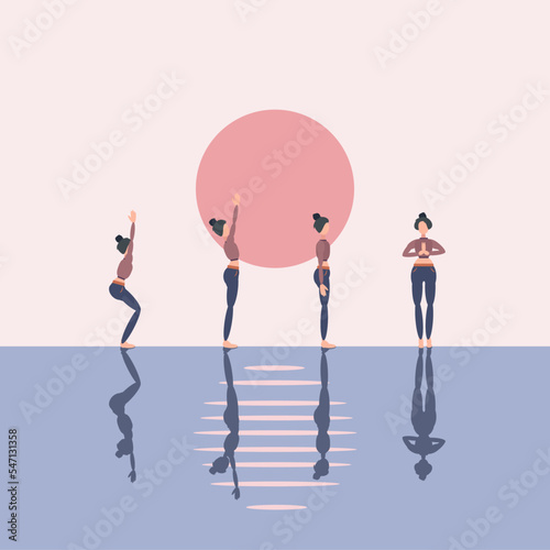 Sports support health and spiritual harmony, yoga four poses on the street against the background of the sun.