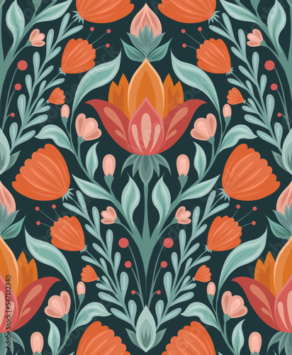 Vector folk art pattern with floral rhombus composition on dark green background. Botanical texture with geometric decorative flowers in tile.