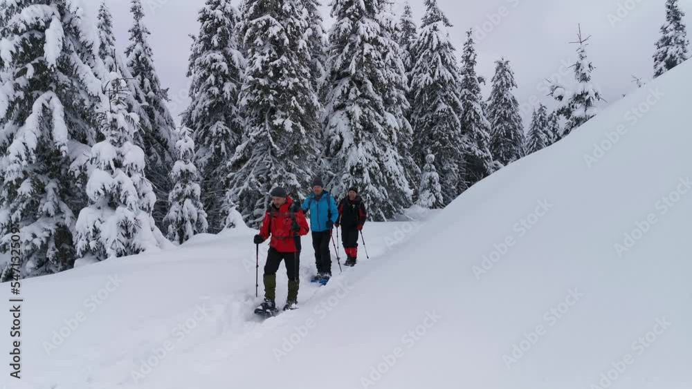 Three Men With Backpacks And Snowshoes Walk The Trail On A Winter Hike.