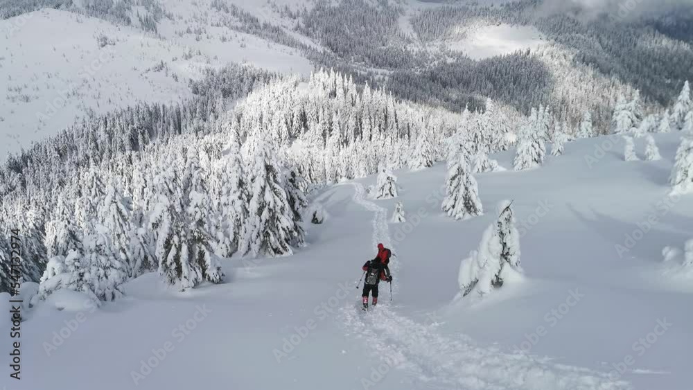 Hikers Descend From The Mountain To The Forest Area On A Winter Hike. Hikers Descend From The Mountain To The Forest Area On A Winter Hike.