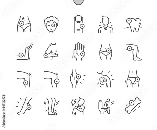 Body ache. Health care, medical and medicine. Eye ache, toothache, arm ache, muscle pain, diarrhea. Pixel Perfect Vector Thin Line Icons. Simple Minimal Pictogram