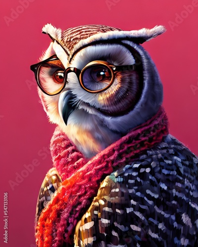 Owl face with glasses. Geek owl with glasses wearing a knitted scarf wrapped around his neck