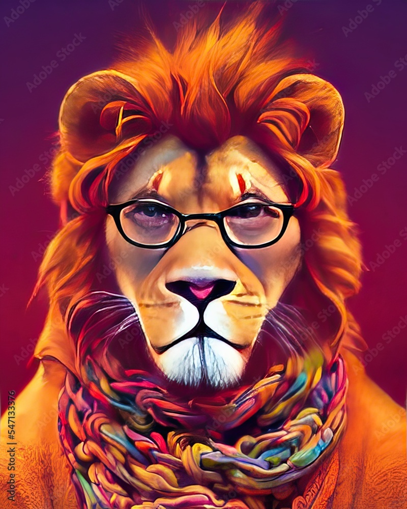 Lion face with glasses. Geek lion with glasses wearing a knitted scarf wrapped around his neck