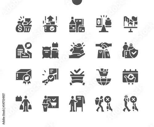 World Fair Trade Day in May. Export of goods. Calendar. Holiday. Eco trade. Conferences and seminars. Vector Solid Icons. Simple Pictogram