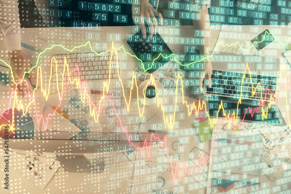 Multi exposure of man and woman working together and financial chart hologram. Business concept. Computer background. Multi exposure of man and woman working together and financial chart hologram. Business concept. Computer background.