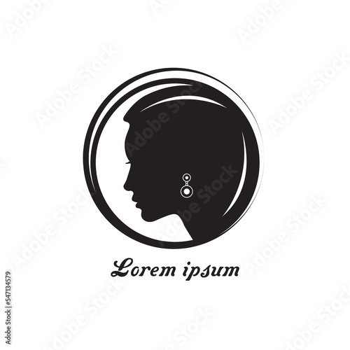 The design of the jewelry logo symbol with the silhouette of a woman with an earring in a circle. Layout, icon template for beauty and fashion business, femininity. Vector illustration.