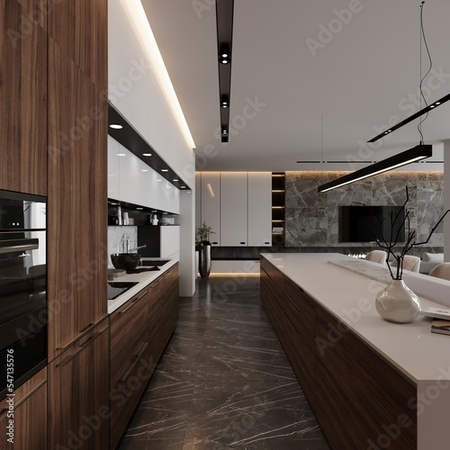 3D visualization of a modern living room  kitchen and dining area. Interior design concept. luxury interior