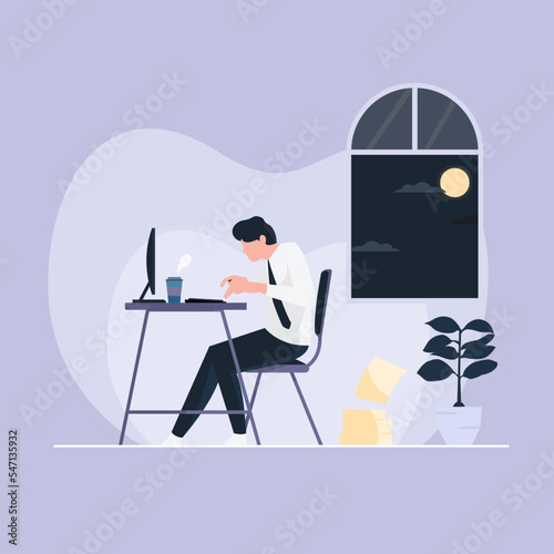 Businessman, the employee working hard and working overtime during the deadline, Working until midnight. Freelancers work in front of computers late at night while having coffee.