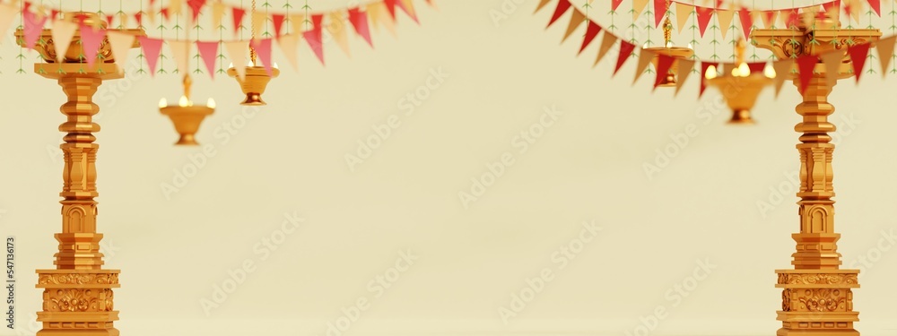 hindu festival element for web banner, horizontal size in 3d render with golden pillar and hanging diya lamp - obrazy, fototapety, plakaty 