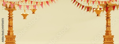 hindu festival element for web banner, horizontal size in 3d render with golden pillar and hanging diya lamp photo