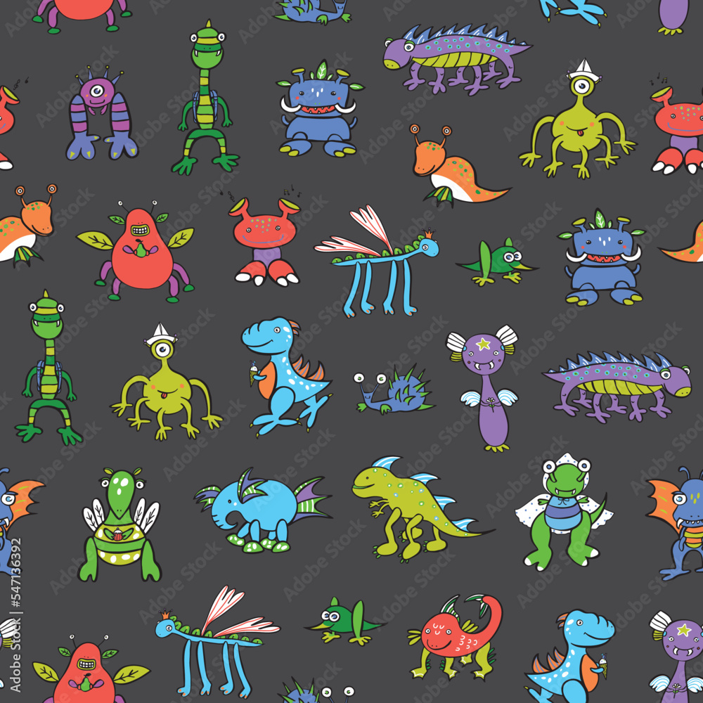 Obraz premium Monster doodle vector seamless pattern.