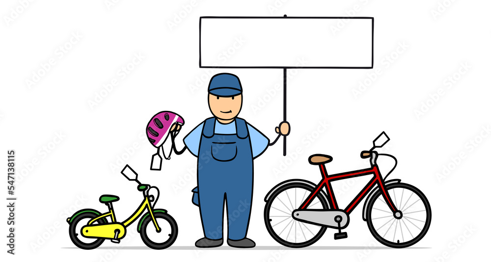 Bicycle dealer from bike shop with sign for offer Stock Illustration