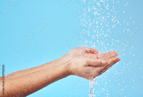 Water splash, hands and cleaning of a person busy with hand hygiene, skincare or hydration. Natural, clean flow and water for washing and cleaning skin and body under water or holding for a drink
