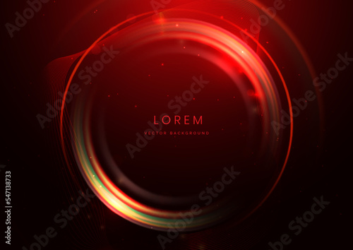 Abstract technology futuristic neon circle glowing red light lines with speed motion blur effect on dark red background.