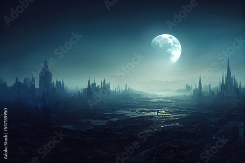 a futuristic city with a full moon in the sky digital art illustration