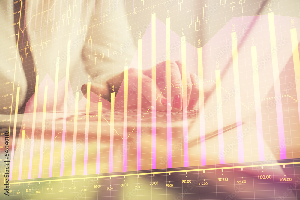 Double exposure of businesswoman hands typing on computer and financial graph hologram drawing. Stock market analysis concept. Double exposure of businesswoman hands typing on computer and financial graph hologram drawing. Stock market analysis concept.