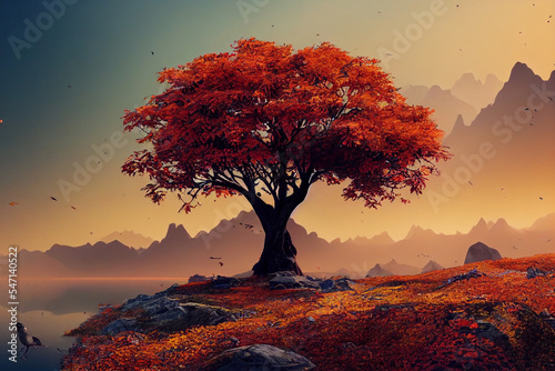 a tree on a hill with mountains in the background illustration