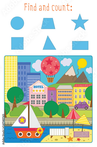 Developmental task for kids to find in the illustration of a cityscape geometric shapes: square, triangle, circle, rectangle, star, trapezoid