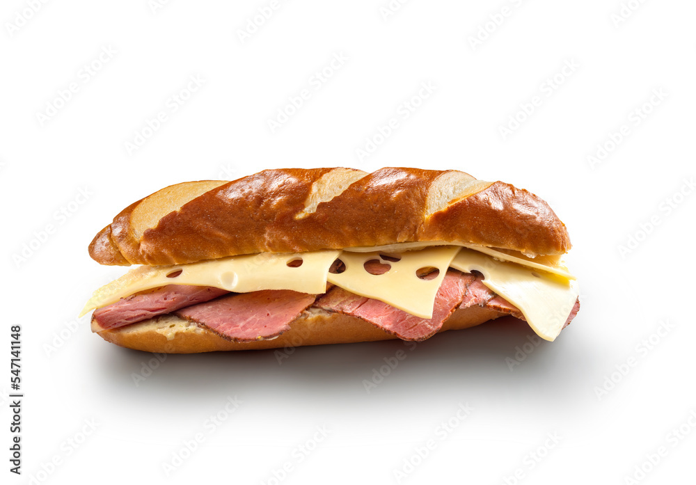 Pan de leche con. Mortadella y queso gruyer sobre fondo blanco. Milk