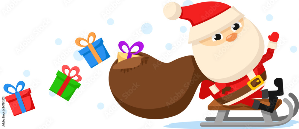 Naklejka premium Santa claus rides on a sleigh with a holey bag of gifts on a white. Christmas character
