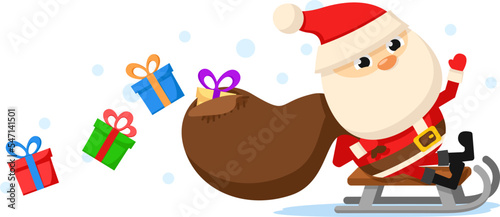 Santa claus rides on a sleigh with a holey bag of gifts on a white. Christmas character
