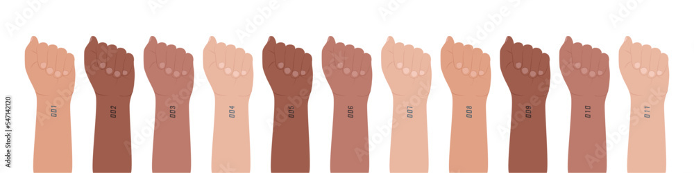 Eleven hands with bent fingers and tatooed wrist. Different skin colors. Multiethnicity, multinationality. Numbers from one to eleven tattoo. Chipping and control people concept. Vector illustration. Eleven hands with bent fingers and tatooed wrist. Different skin colors. Multiethnicity, multinationality. Numbers from one to eleven tattoo. Chipping and control people concept. Vector illustration.