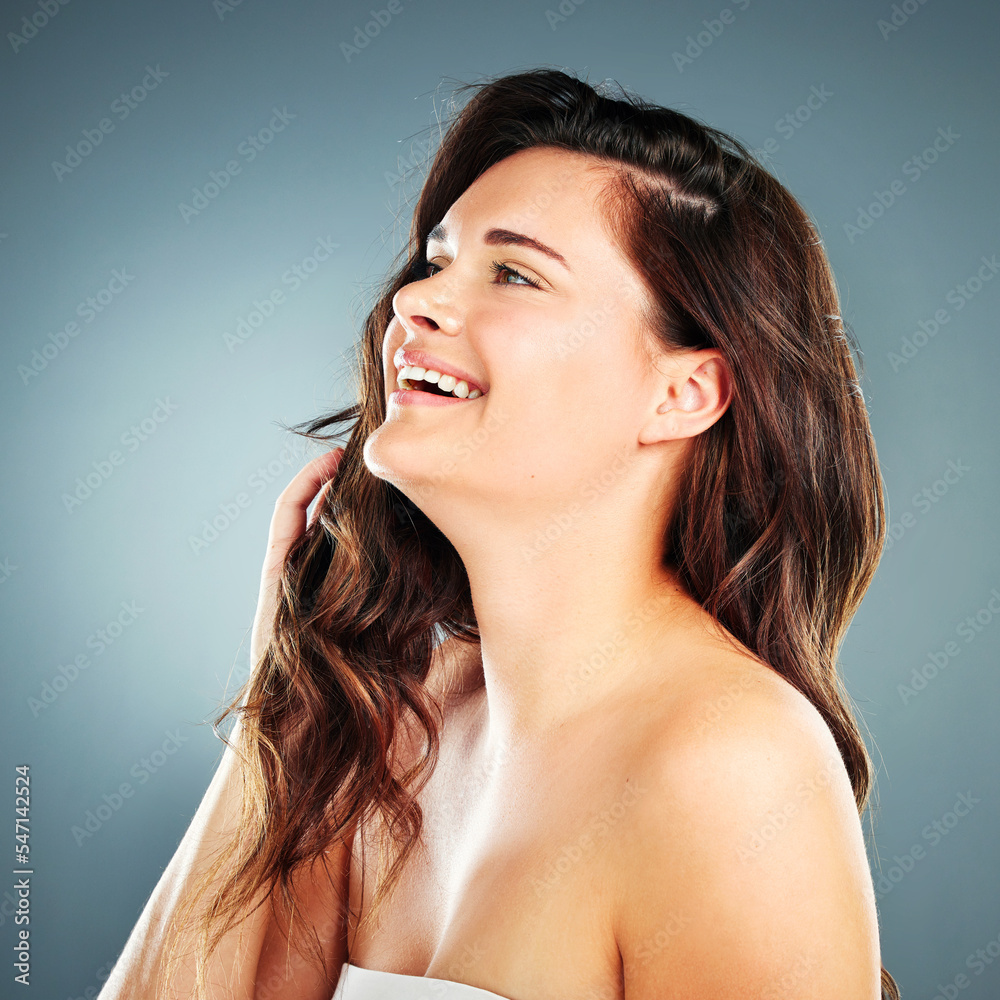 Obraz premium Beauty, skincare and hair with woman and smile for facial, product and spa luxury. Self love, happy and hair care with face of girl model for cosmetics, makeup and salon in studio background